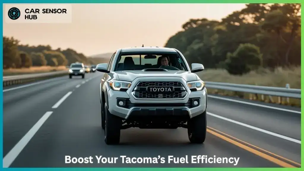 Toyota Tacoma driving on a countryside road at sunset, illustrating fuel-efficient driving techniques