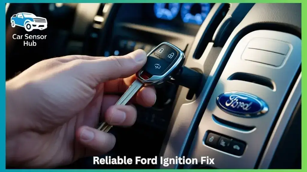 Close-up of Ford F-150 ignition switch with key inserted and dashboard lights on