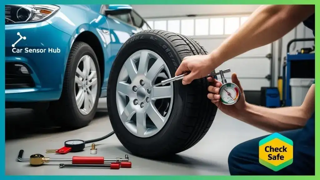 Car in garage with person using mechanical and pencil tire pressure gauges, showcasing Mechanical & Pencil Tire Pressure Gauges.