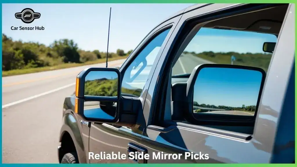 Passenger side mirror of Ford F-150 truck showing clear reflection