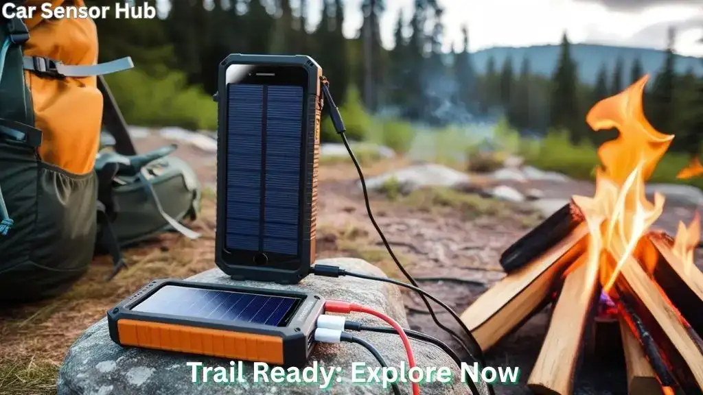 Power bank charging a phone beside a campfire in a forest setting
