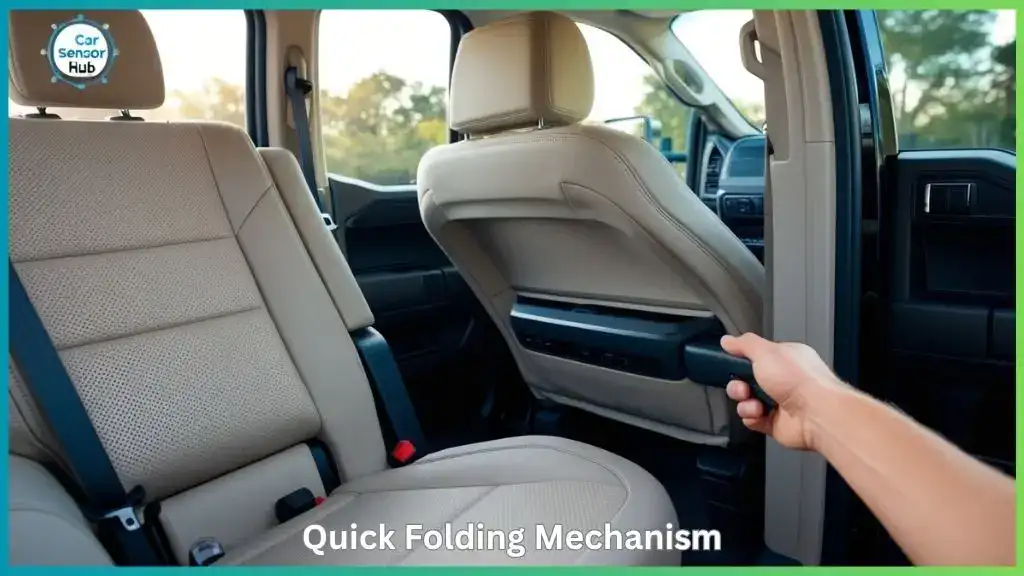 Person operating rear seat release lever inside Ford F-150