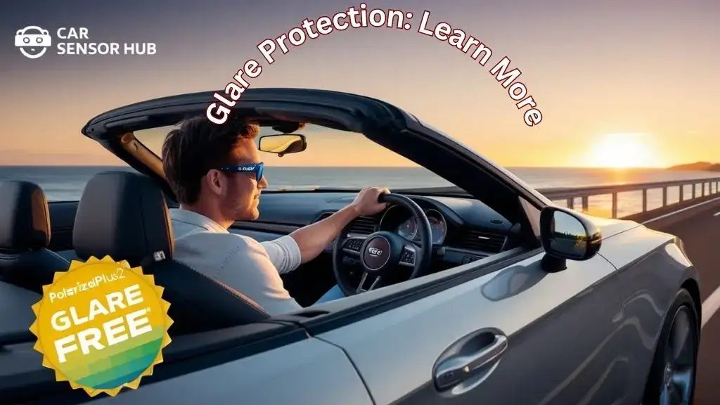 Driver wearing polarized sunglasses with road glare visibly reduced