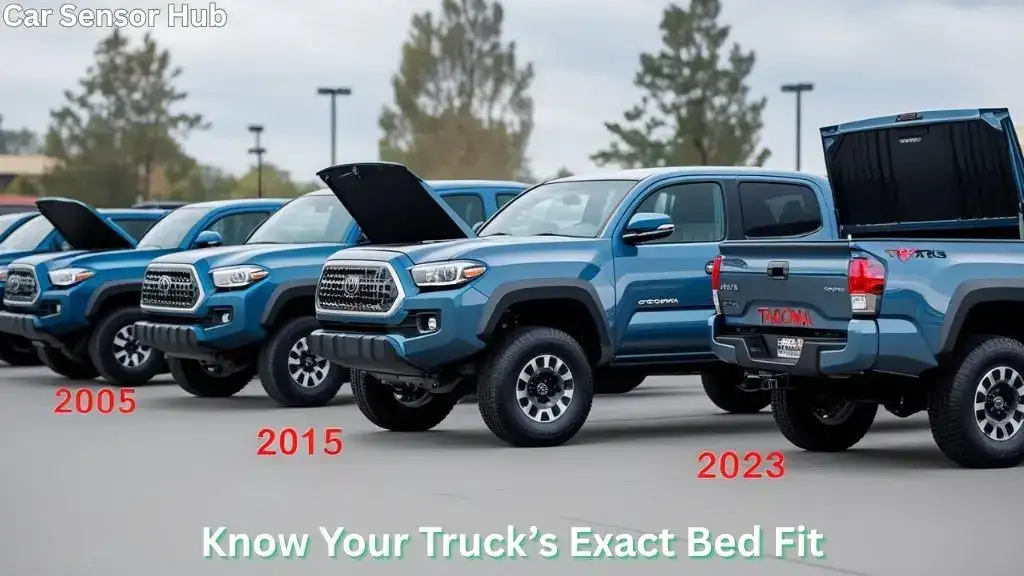 Toyota Tacoma trucks side by side showing bed dimensions by model year