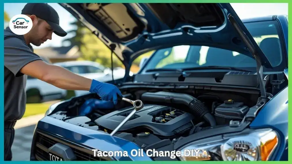 Person changing oil on Toyota Tacoma engine in driveway