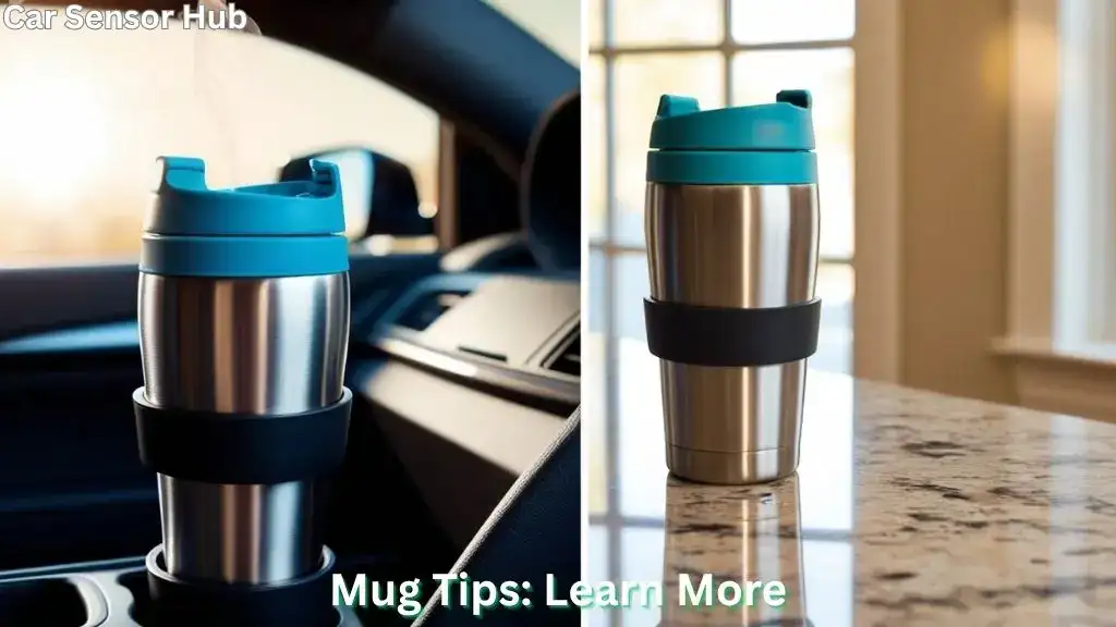 Spill-proof travel mugs placed in a car cup holder and on a kitchen counter