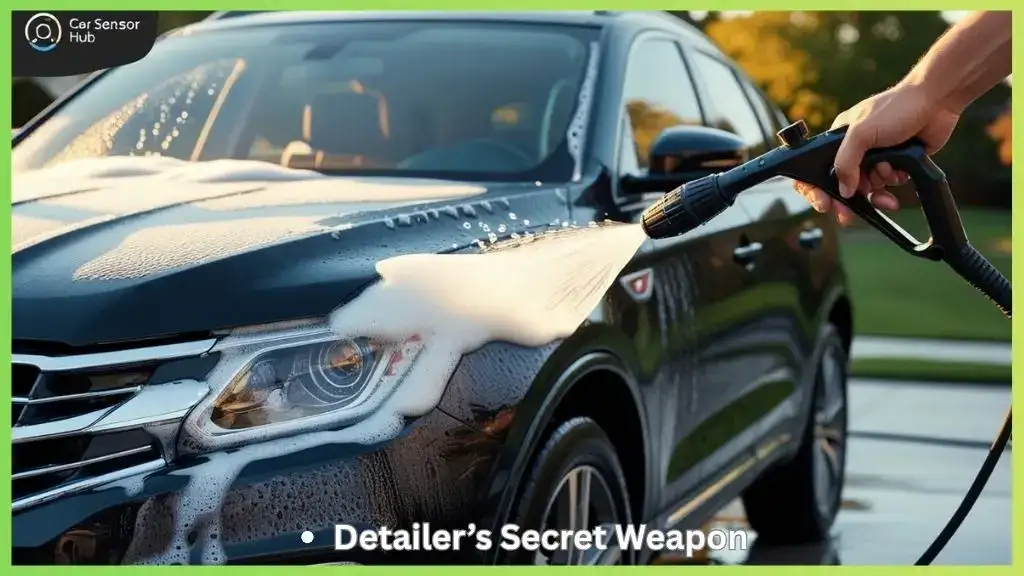 Person using an adjustable foam sprayer to wash an SUV in a driveway