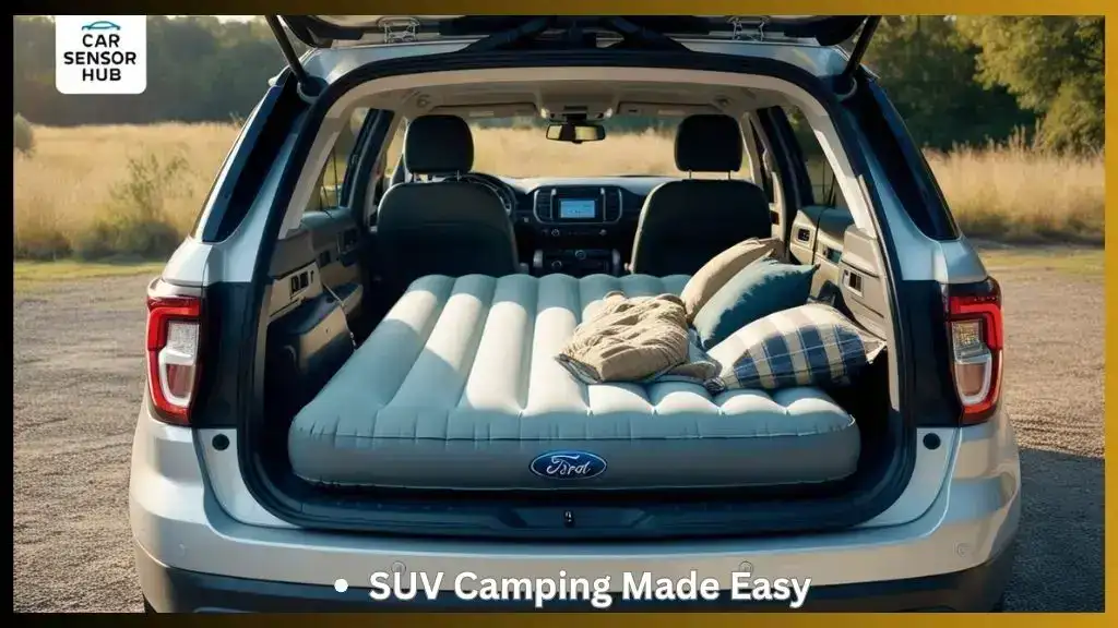 Ford Explorer with an air mattress set up for camping comfort