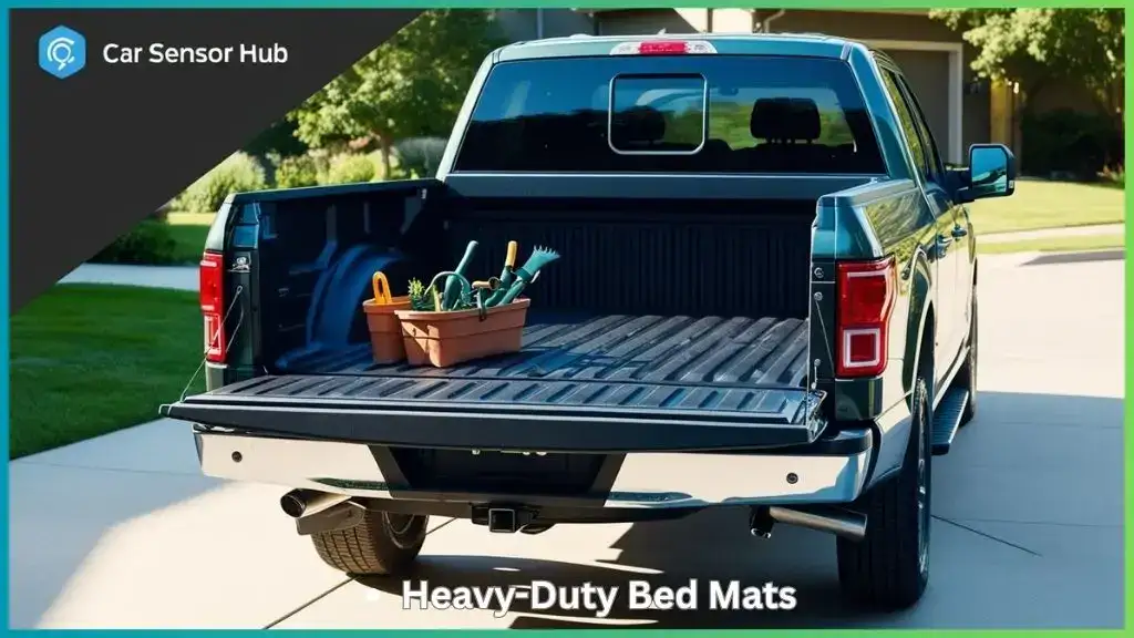 Ford F150 with durable rubber bed mat installed, tailgate open, man loading tools.