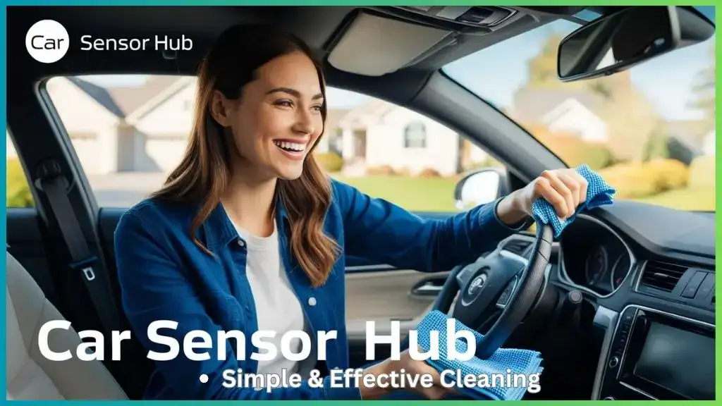 Woman using a car cleaning kit with microfiber cloth on her car’s interior.