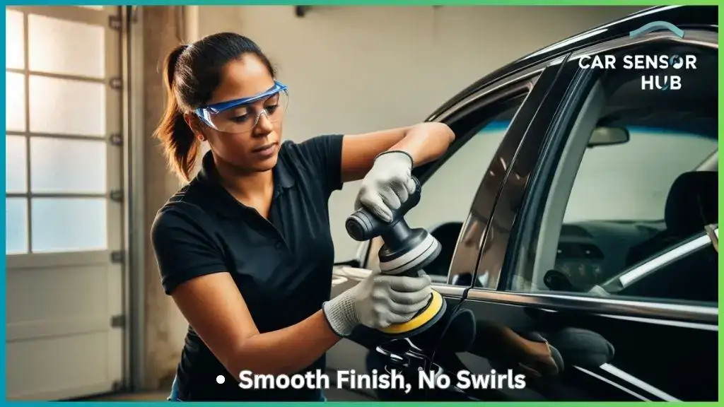 Man polishing car door with an electric polisher to remove scratches, restoring glossy finish