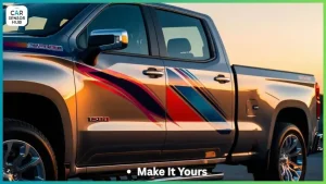 Custom vinyl decals on a 2025 Silverado 1500 in sunset light