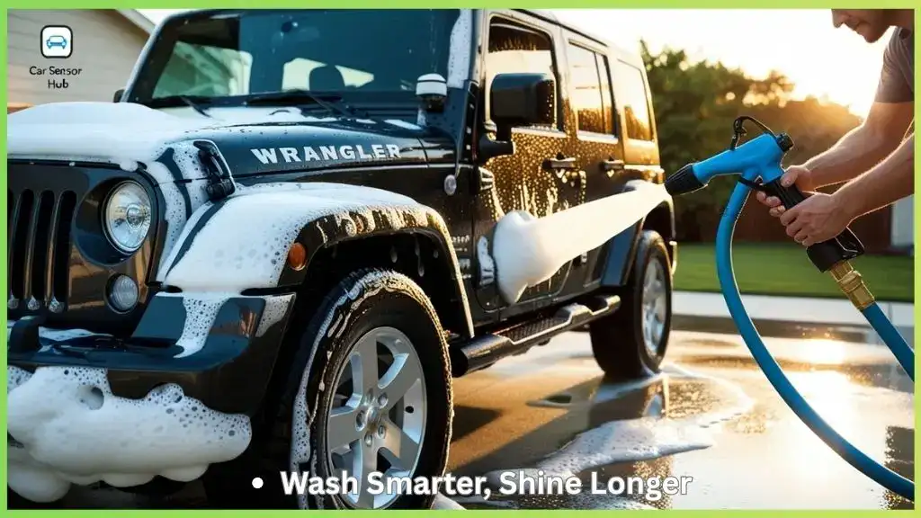 Person using foam gun on Jeep Wrangler with garden hose in driveway