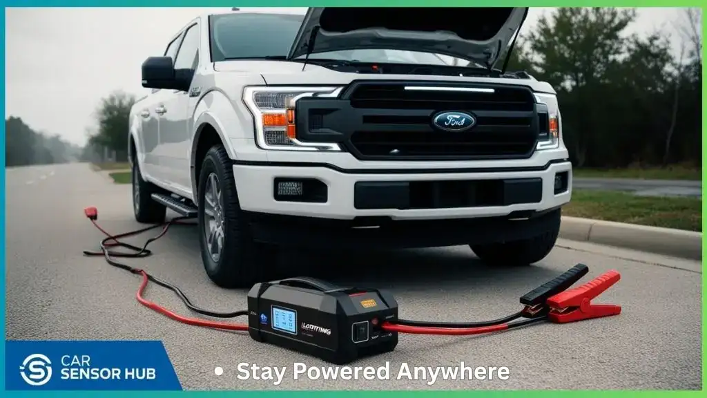 Portable jump starter connected to a Ford F-150 Lightning in an emergency