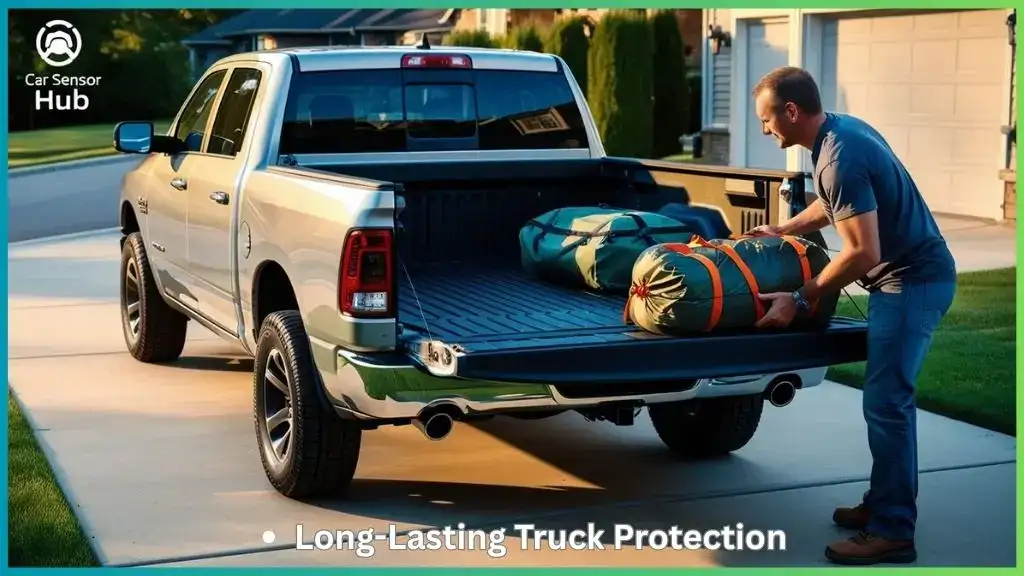 Ram 1500 with heavy-duty rubber bed mat installed, tailgate open, man unloading camping gear.