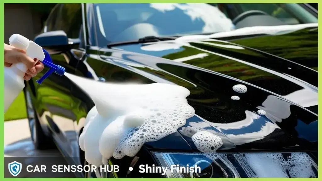 Car being washed with foam gun using thick soap suds.