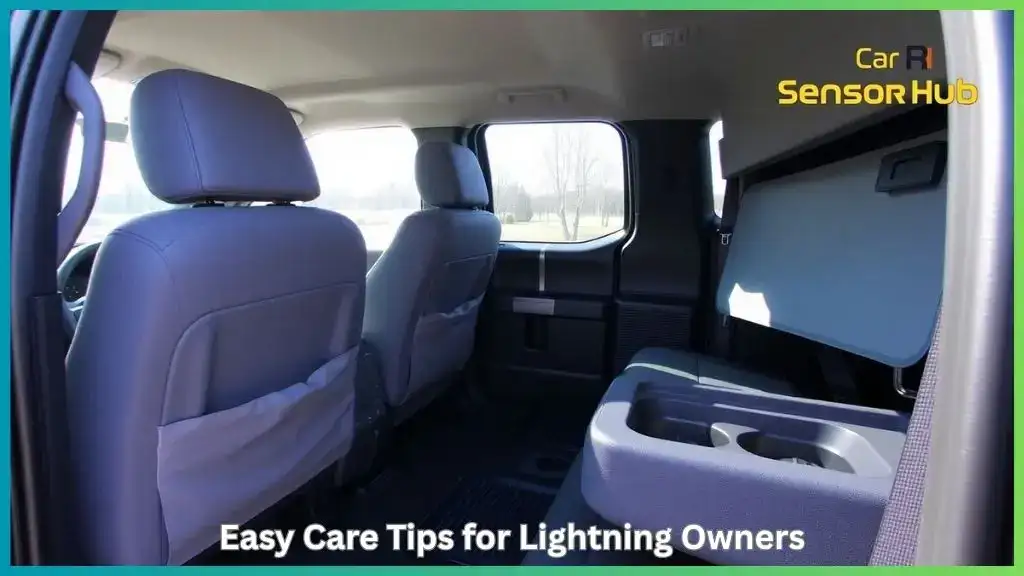 Ford F-150 Lightning interior with seat covers, floor mats, and dash protector