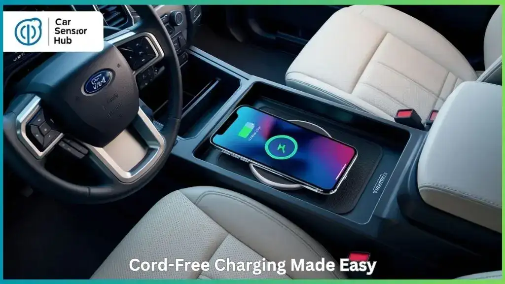 Ford F‑150 Lightning center console with wireless charging pad and phone
