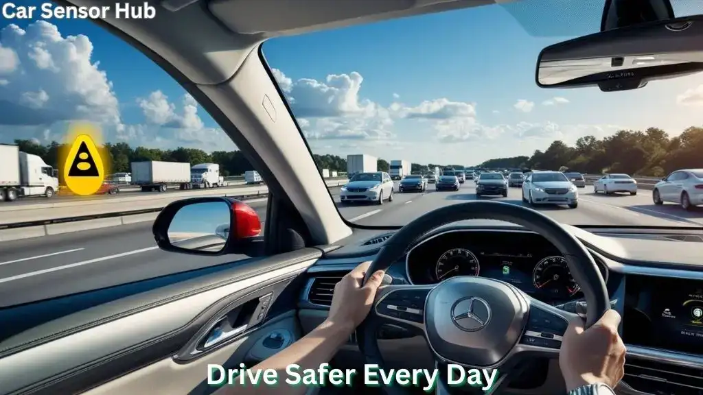 Car with blind spot detection system active on highway