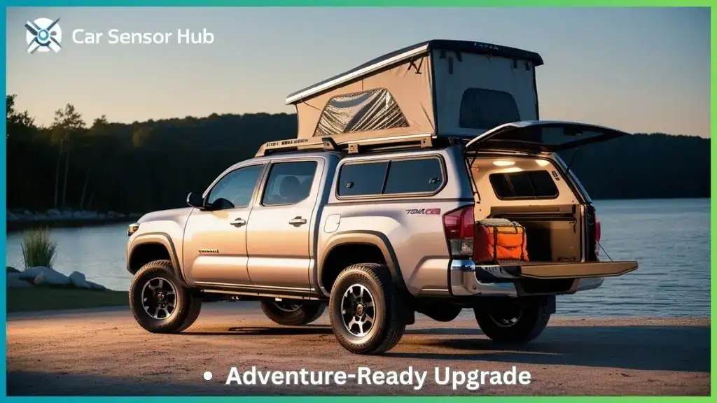 Toyota Tacoma with a camper shell at a lakeside campsite, hatch open with camping gear inside.