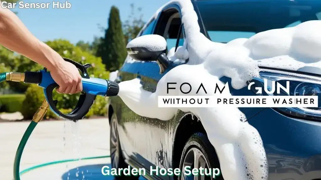 Car being washed with foam gun connected to garden hose.