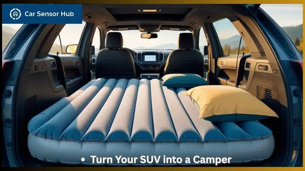 Ford Explorer interior with a car inflatable mattress set up for camping.