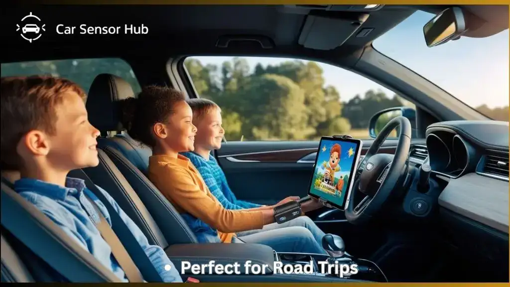 Tablet mounted in car streaming video for passengers
