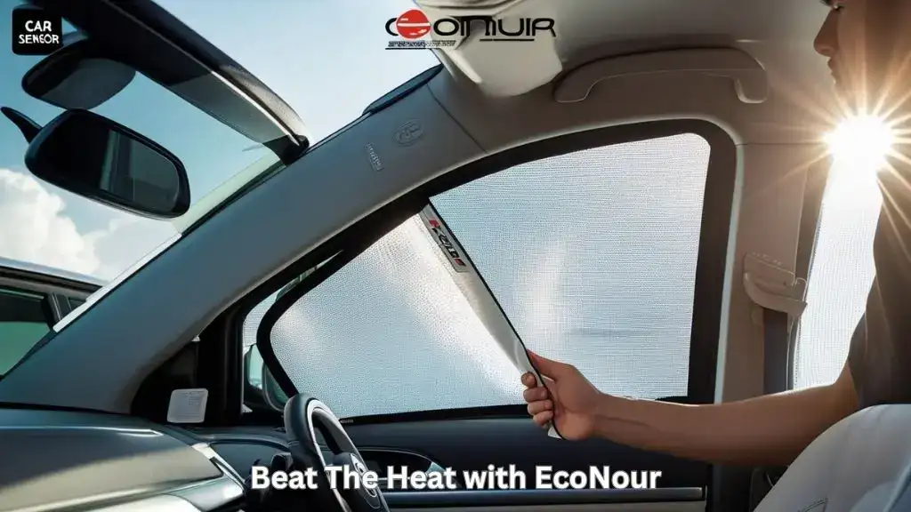 Installing EcoNour windshield sunshade inside a car to block heat and UV rays