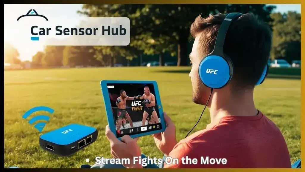 Fan watching UFC fight on tablet outdoors using mobile streaming