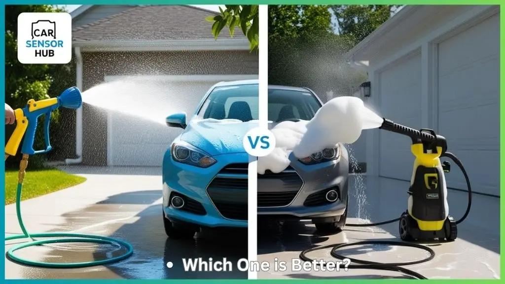 Car wash comparison showing foam gun and foam cannon in action.