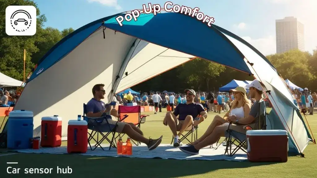 Foldable tent providing shade at an outdoor sports event