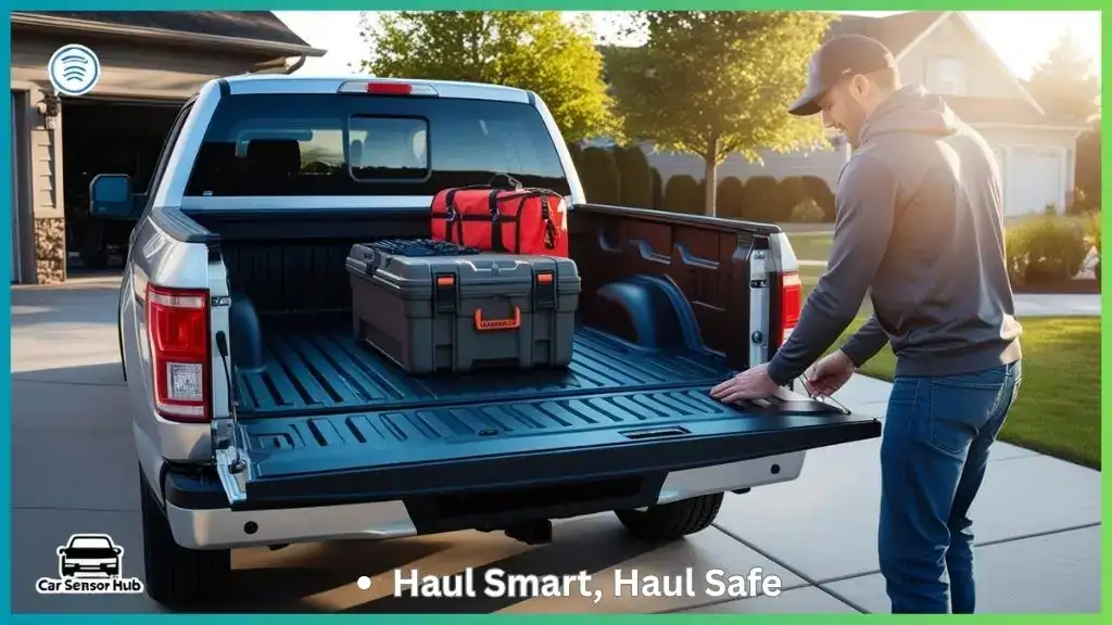 Heavy-duty bed mat installed on Ford F-150 Lightning with gear