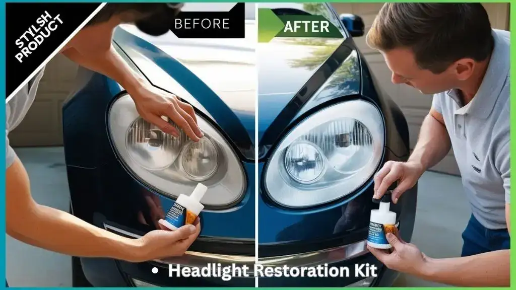 Person using headlight restoration kit to clean foggy car headlights at home