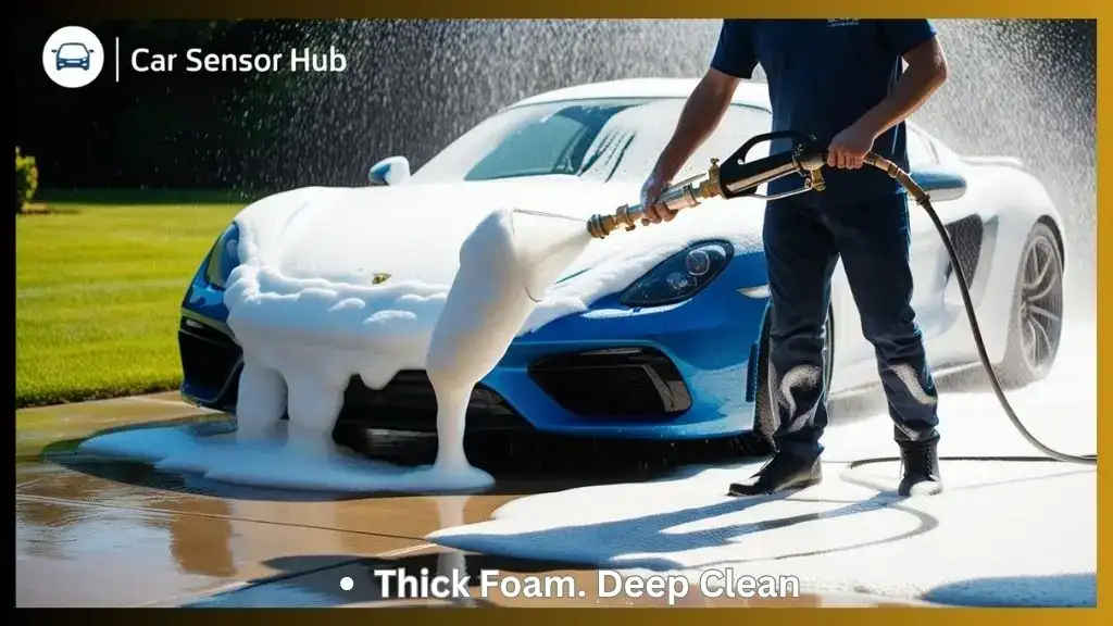 Person using high pressure foam cannon for cars on driveway wash