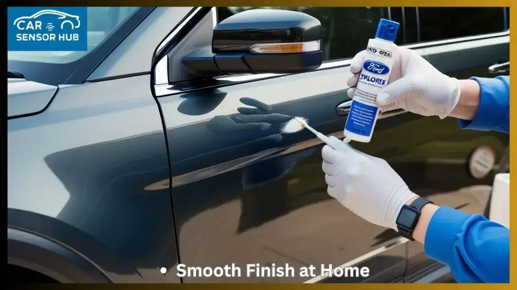 Person applying touch‑up paint to a Ford Explorer door chip in a driveway.