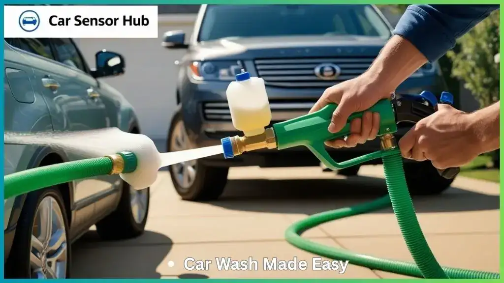 Person connecting foam gun to garden hose before washing car