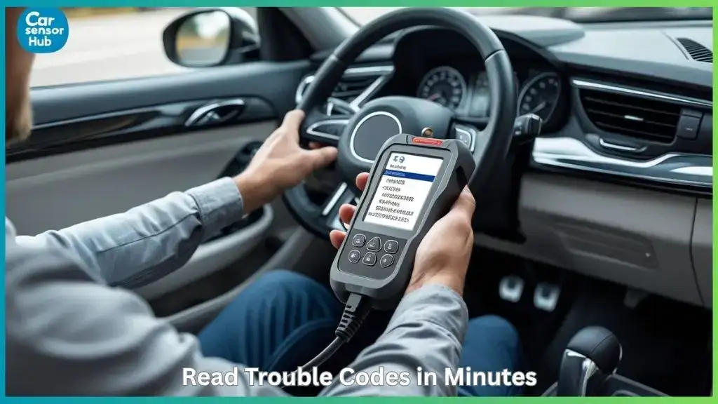 User reading diagnostic codes on an OBD2 scanner inside car