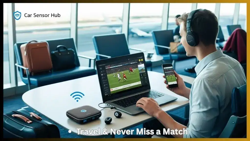 Traveler streaming live sports on laptop and phone in airport lounge