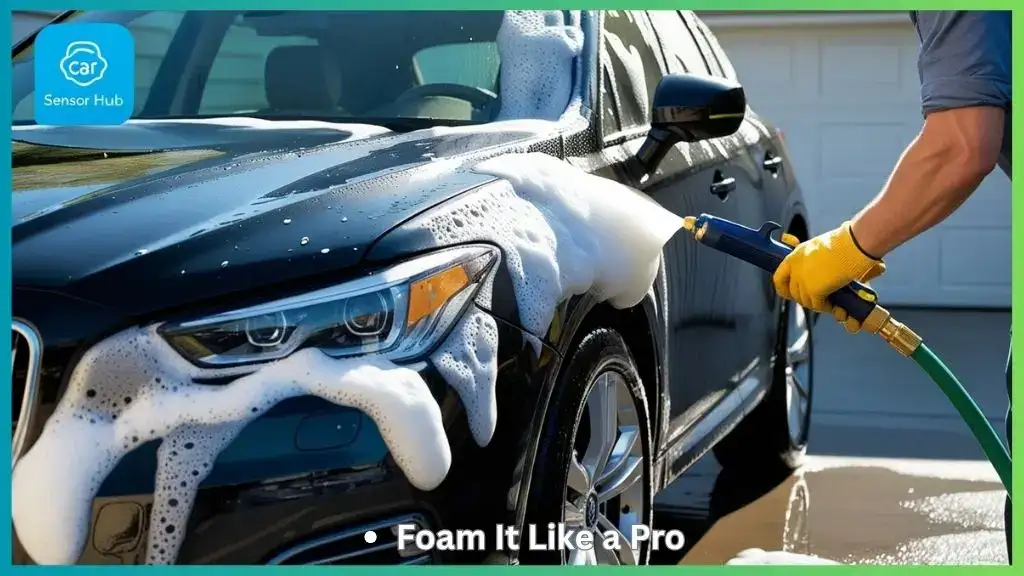 Person washing SUV with foam gun in driveway