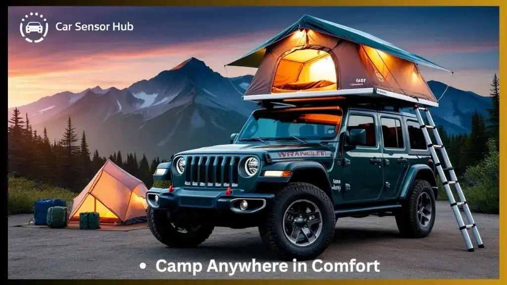 Jeep Wrangler with rooftop tent at mountain campsite