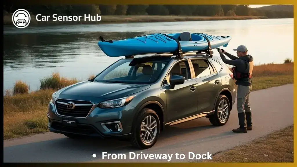 SUV with universal kayak carrier holding blue kayak near river