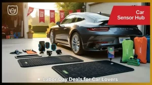 Selection of discounted automotive gear and accessories displayed with a car in a driveway.