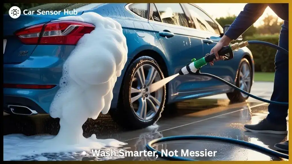 Person washing car with leak proof foam sprayer in driveway