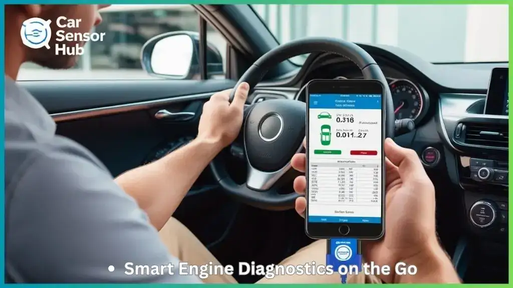 Bluetooth OBD2 scanner plugged into car, with smartphone displaying engine error codes