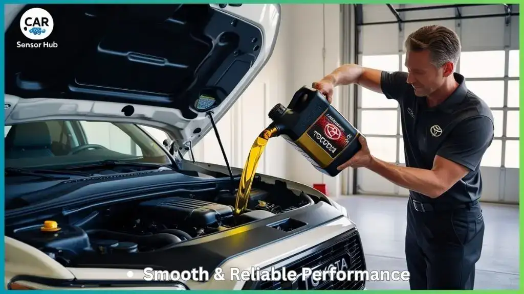 Driver pouring engine oil into a Toyota Tacoma V6 inside a garage.