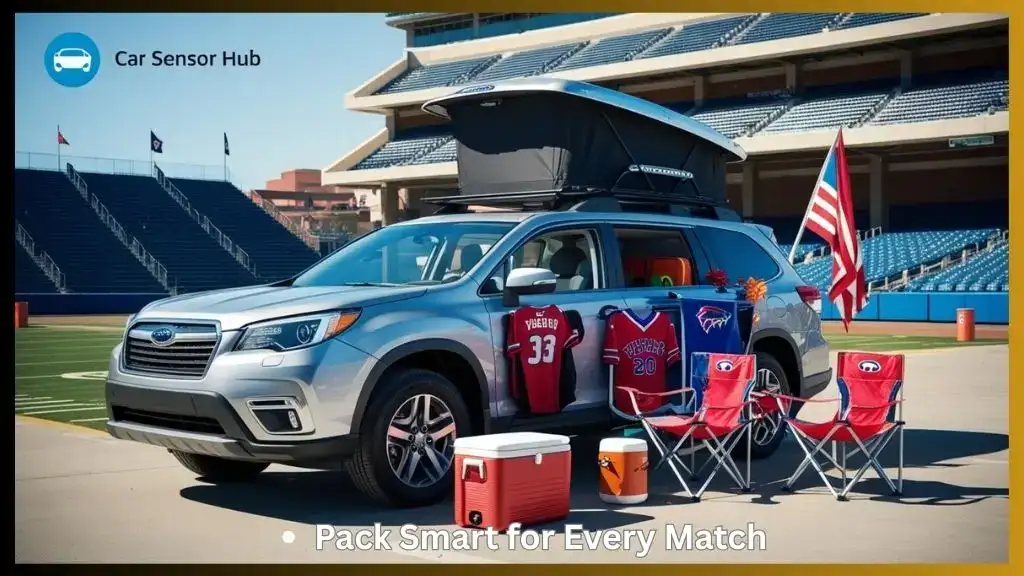 SUV roof cargo box neatly packed with sports fan gear for game day travel