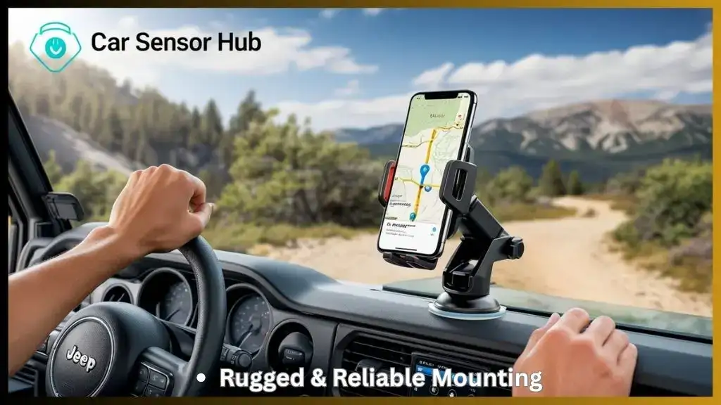 Jeep Wrangler dash with rugged phone mount holding smartphone