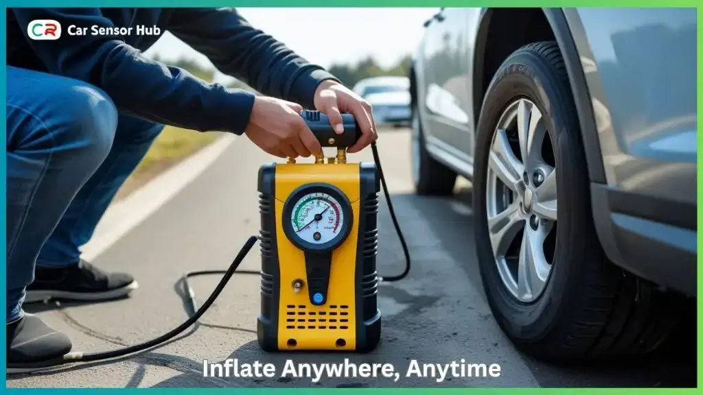 Inflating a car tire using a portable air compressor with digital gauge