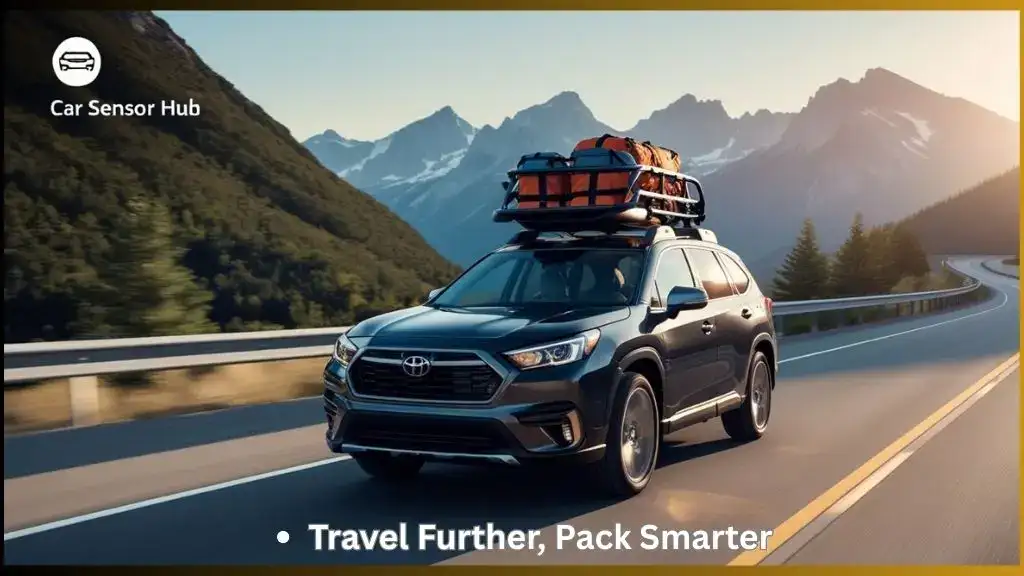 SUV with rooftop cargo carrier driving through mountains at sunrise