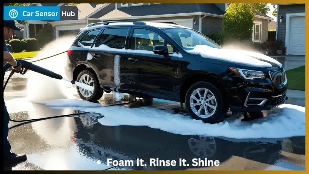 Person washing SUV with snow foam cannon in driveway